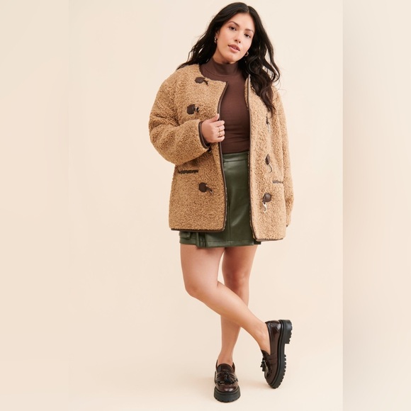 Avec Les Filles Faux Fur Toggle Coat Sherpa Shearling Brown - Picture 2 of 16